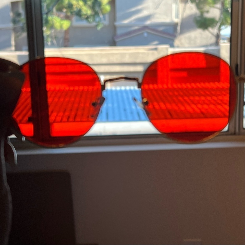 Orange Lens Sunglasses, fashion sunnies, gold tone metallic frame, EUC - Picture 5 of 15
